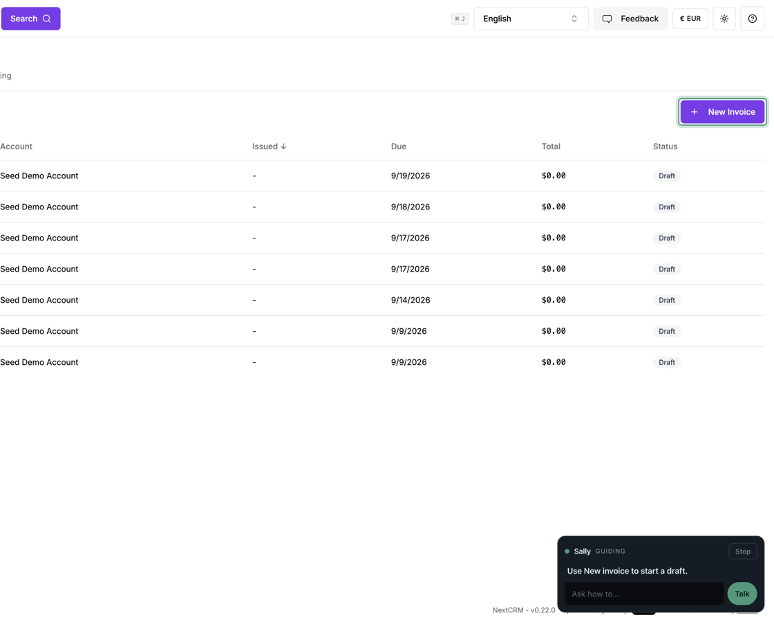 NextCRM invoices list. Sally, status Guiding, highlights the New invoice button: “Use New invoice to start a draft.”